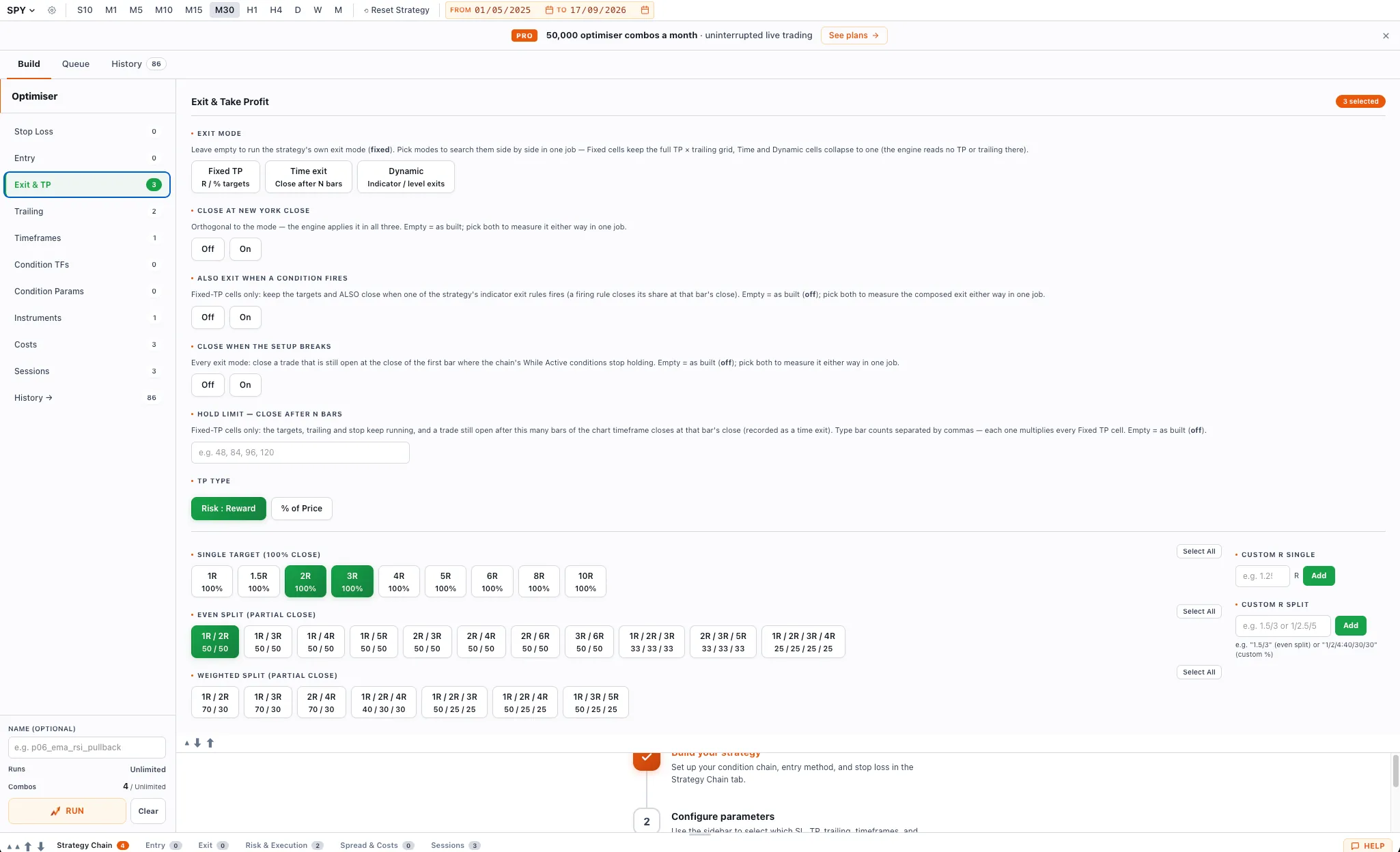Exit & Take Profit Optimiser — Single targets, partial closes, time exits and trailing — every combination measured in one run.
