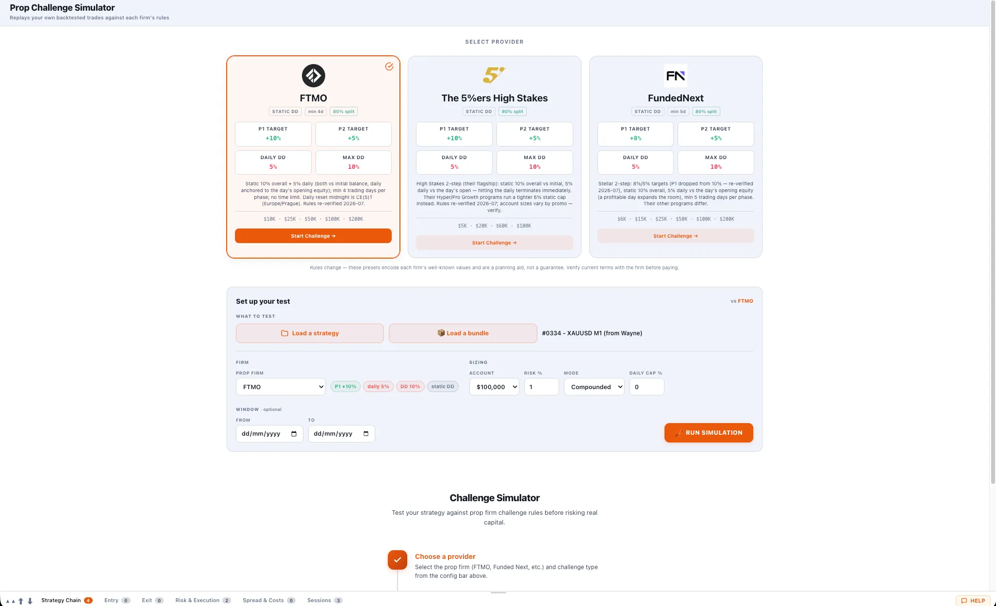Prop Challenge Simulator — Replay your backtested trades against FTMO, The 5%ers and FundedNext rules before paying for a challenge.